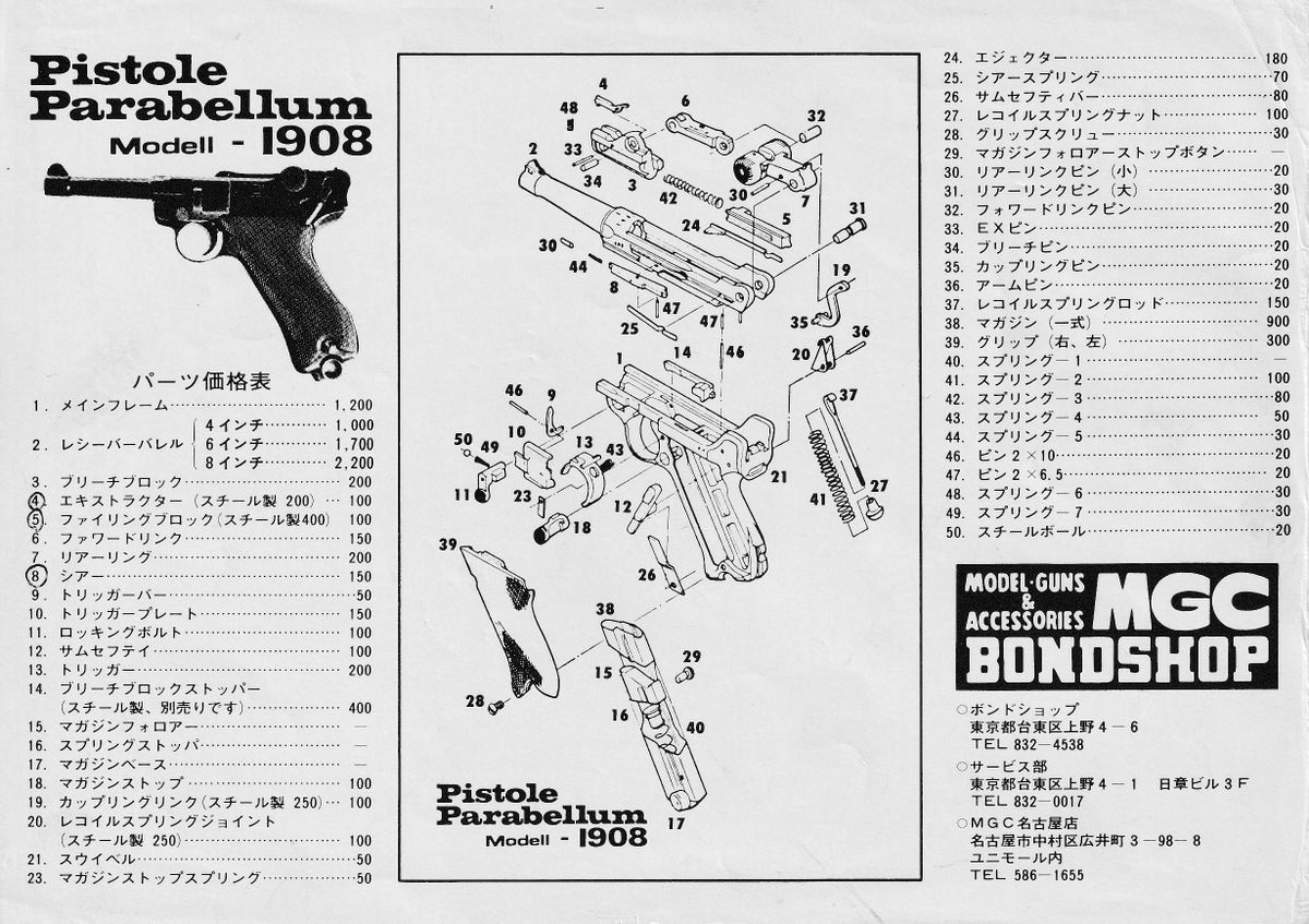 MGC ルガーp08 樹脂製モデルガン　要修理品 分解図】MGC ルガー P08 / アトム | 中古モデルガンの販売店